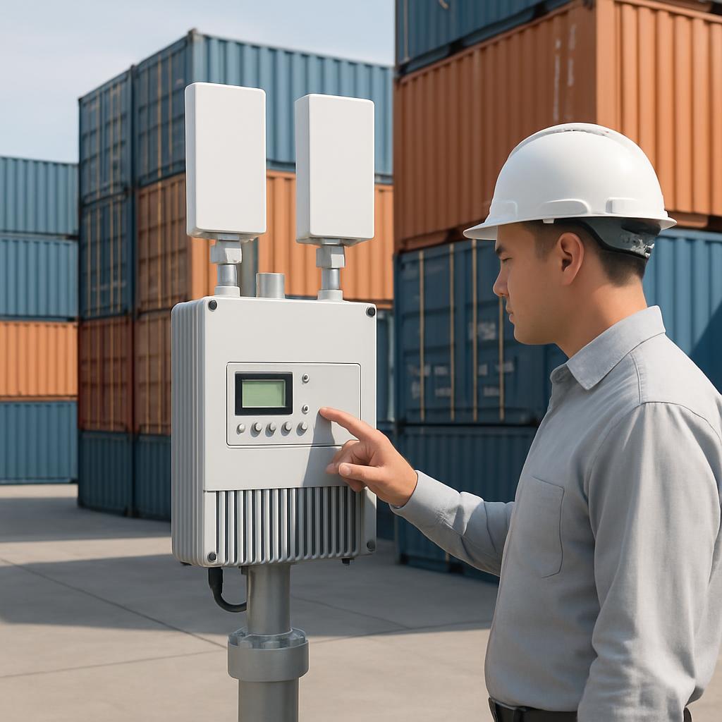 The man in the foreground is operating a fixed console for control of shipping containers. He is dressed in a light gray b...
