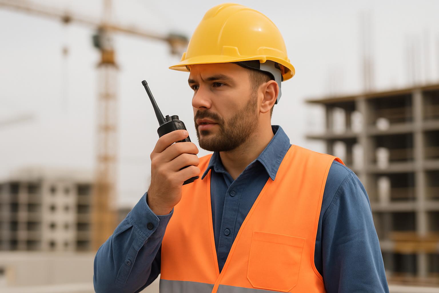 "Trabajador en construcción hablando por walkie-talkie con traje de seguridad" ("Construction worker talking on two-way ra...